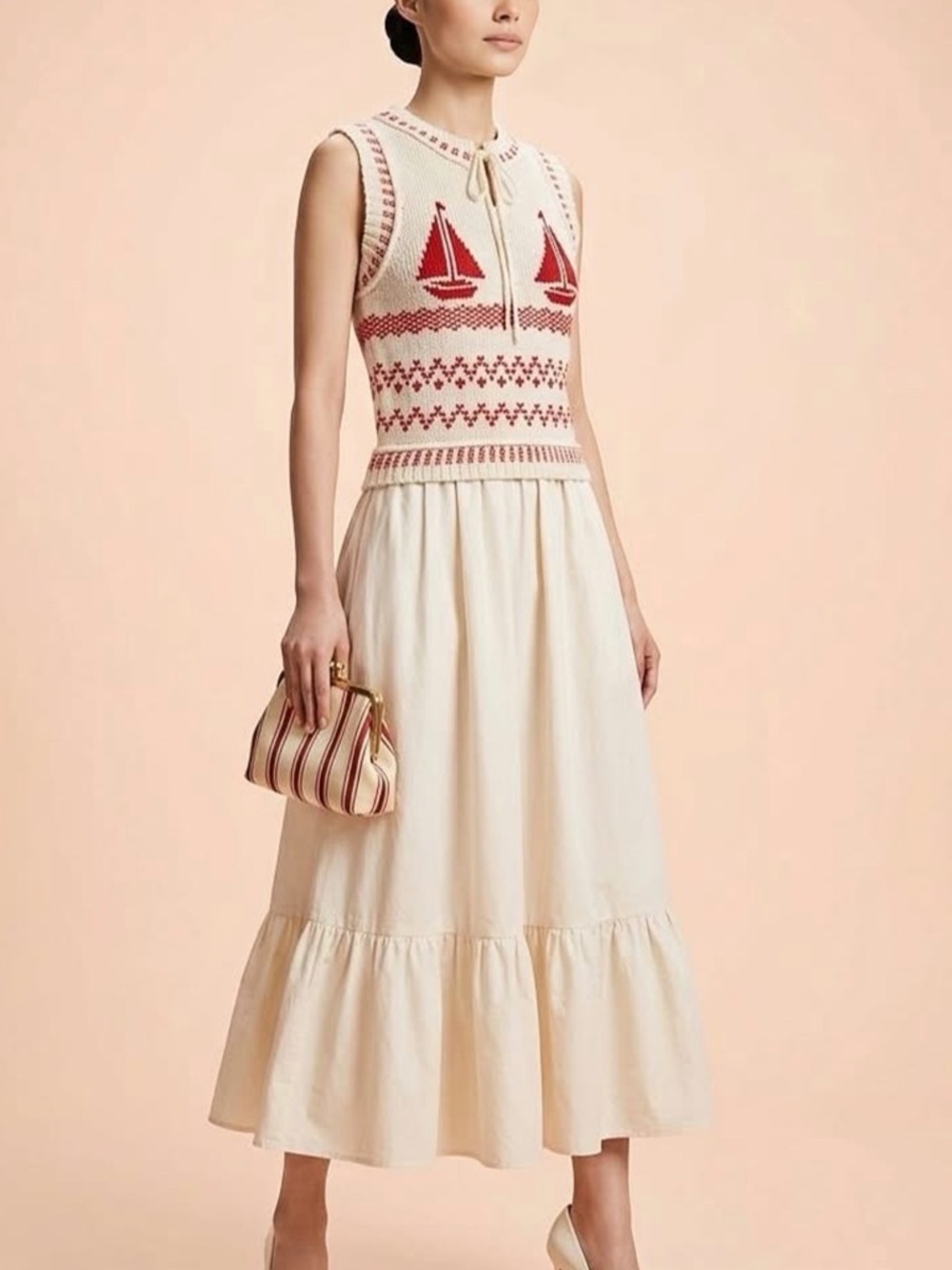 Moon River Cream Maxi Skirt with Red & Cream Knit Sailor Top - Picture 3 of 6
